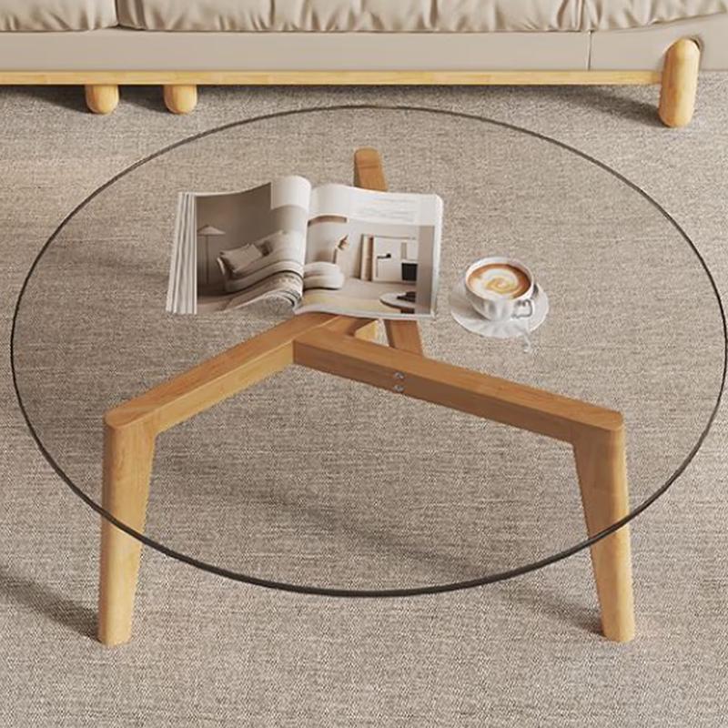 Round Glass Coffee Table with Solid Wood Legs