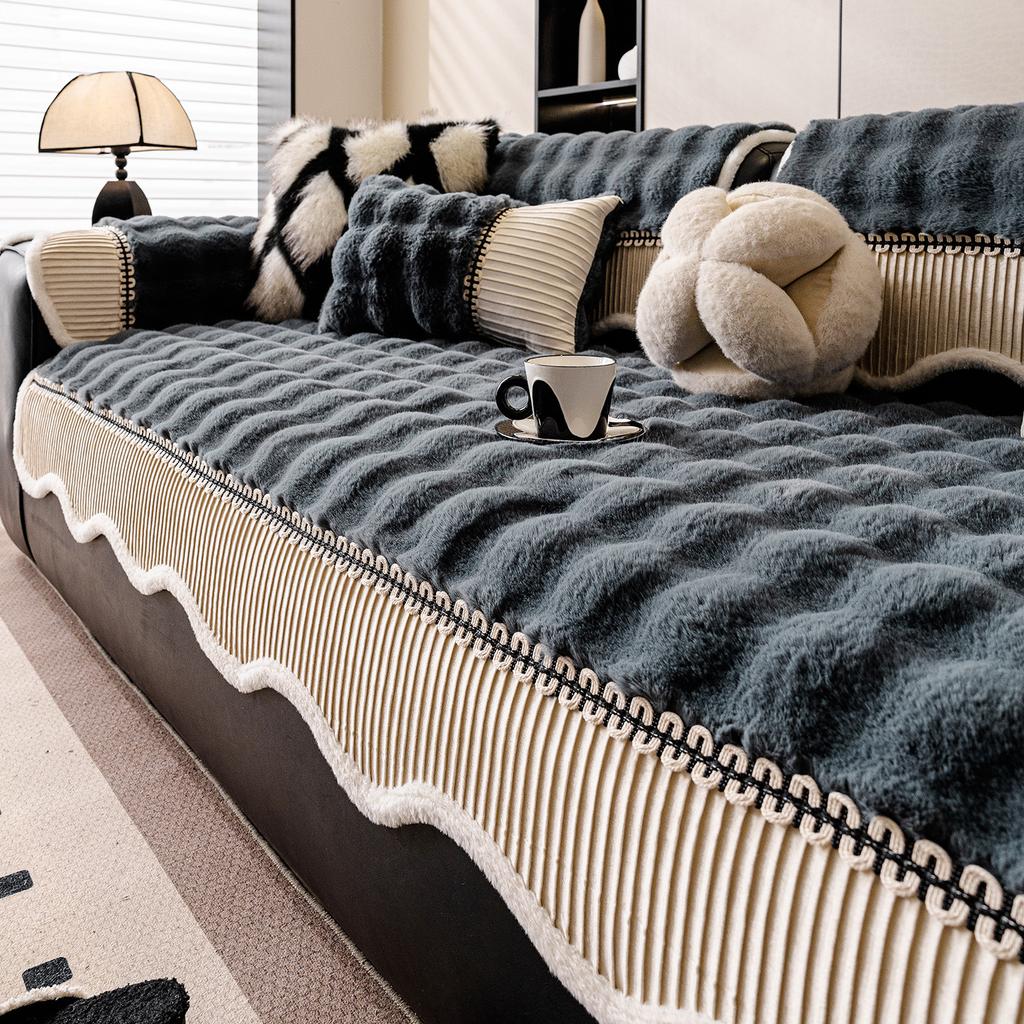 Winter High End Anti Slip Cover Cloth Irregular Thickened Plush Seat Cushion Straight Row One Piece Rabbit Plush Sofa Cushion