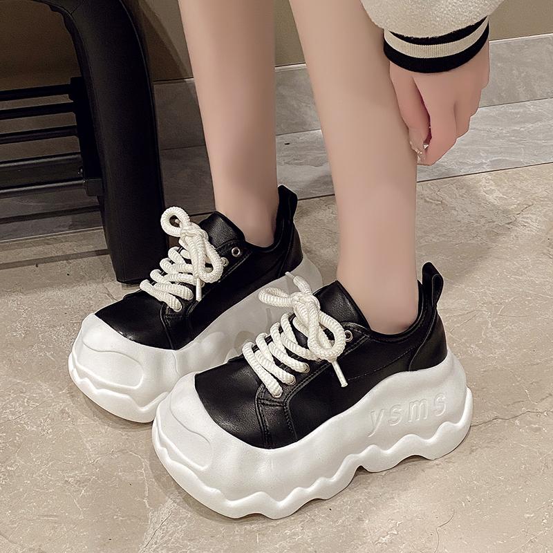 Fashion Cute Round Head Platform Sneakers Women Real Leather Lace-up Comfort 8CM THick Botton Sports Shoes Zapatillas De Mujer