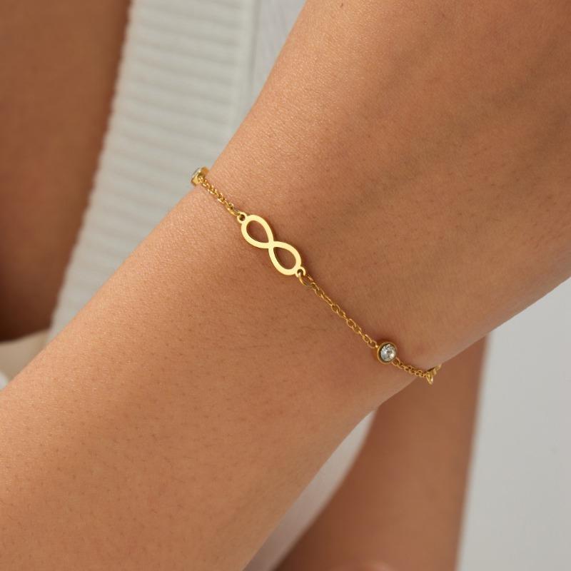 Gold Plated Infinity Symbol Bracelet with CZ Beads, Dainty Adjustable Cable Chain for Women, Minimalist Daily Jewelry