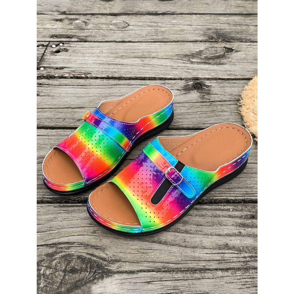 Übergröße Damen Metall Schnalle Eine Riemen Keilabsatz Sandalen, Sommer Dicke Plateau Peep Toe Erhöhte Freizeit Schuhe