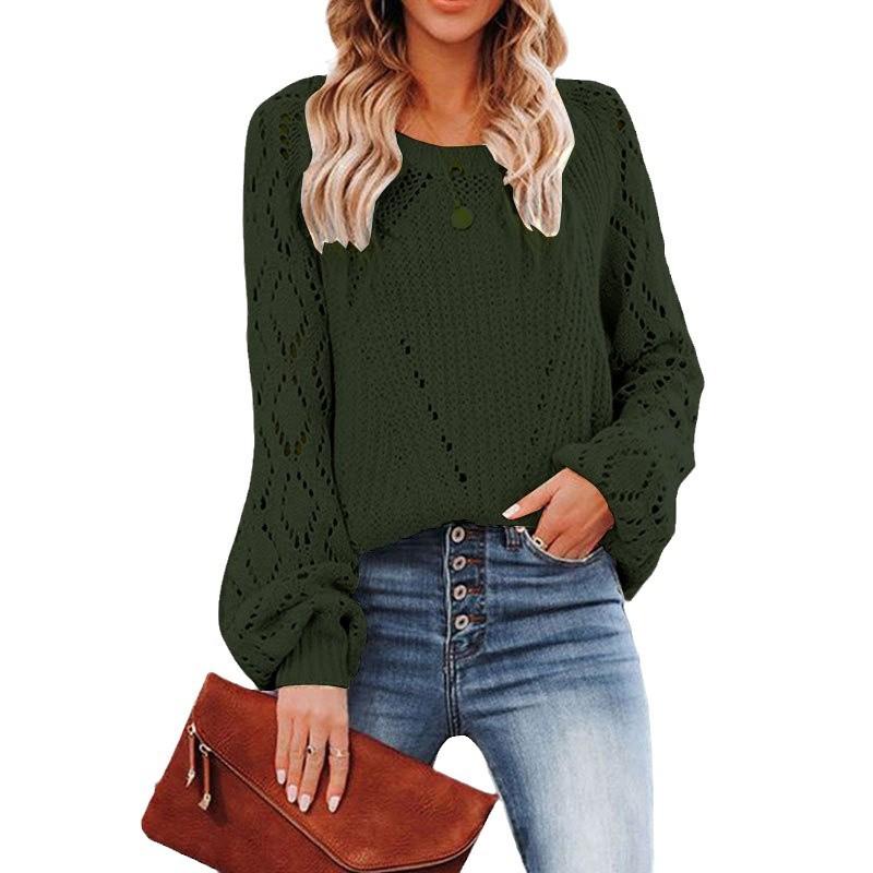Europe, America Autumn and Winter New Ebay Hollow Pattern Knitted Sweater Round Neck Solid Color Loose Fashion Pullover