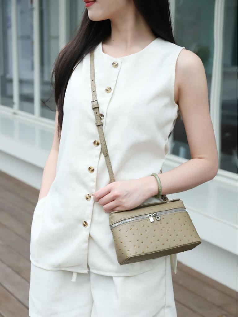 Genuine Leather Ostrich Pattern Women's Handbag & Crossbody Cosmetic Bag