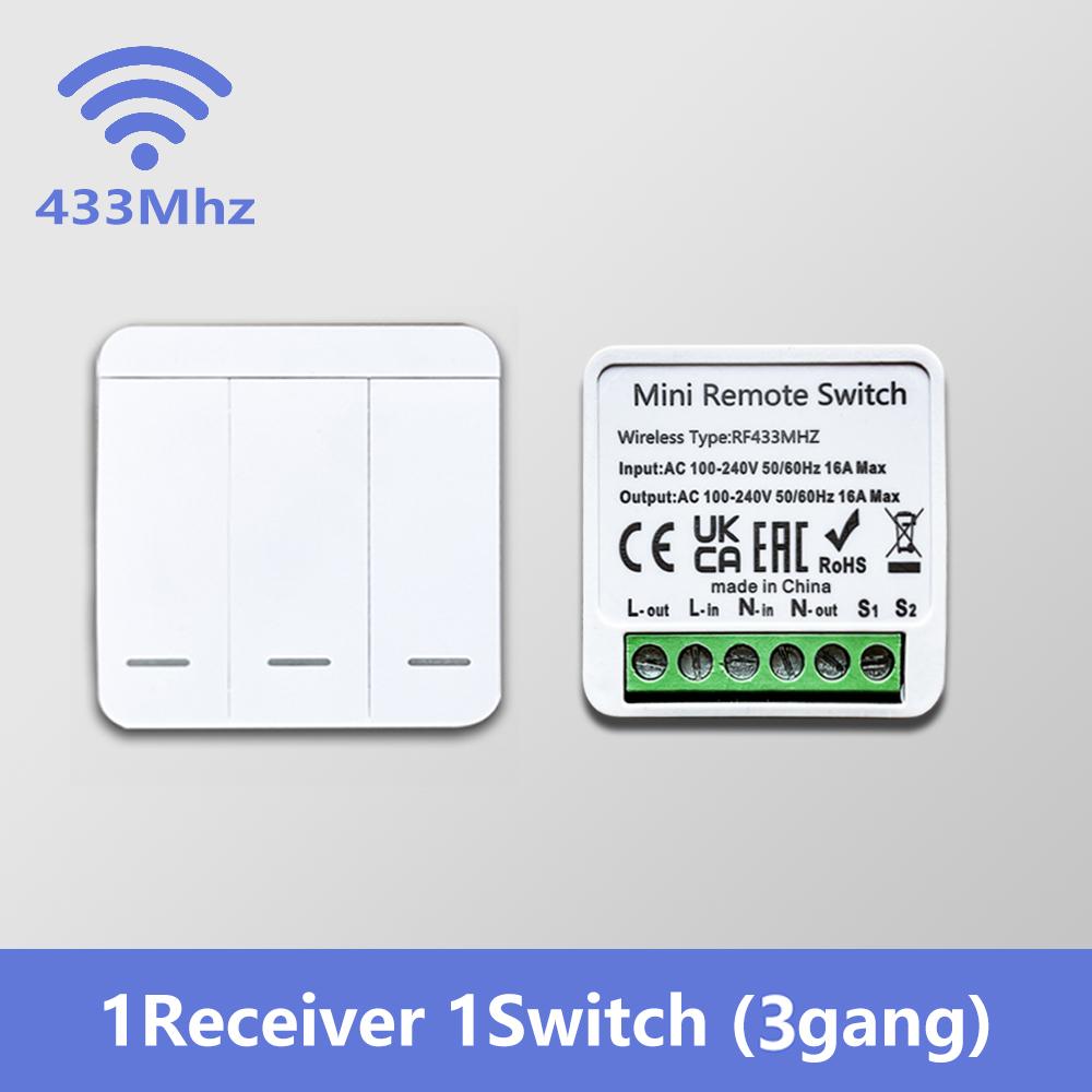 433MHz RF Wireless Relay Switch Receiver Smart Home 1/2/3 Gang Remote Control Wall Panel Module with 2-Way Control Function