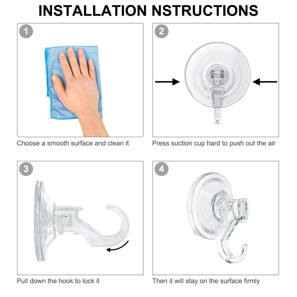 Suction Cup Does Not Damage Suction Cup Load Capacity No Screws Set of 4 WOVTE Hook, Strong, Walls, Hook, Transparent, 3kg, Required, Reusable,