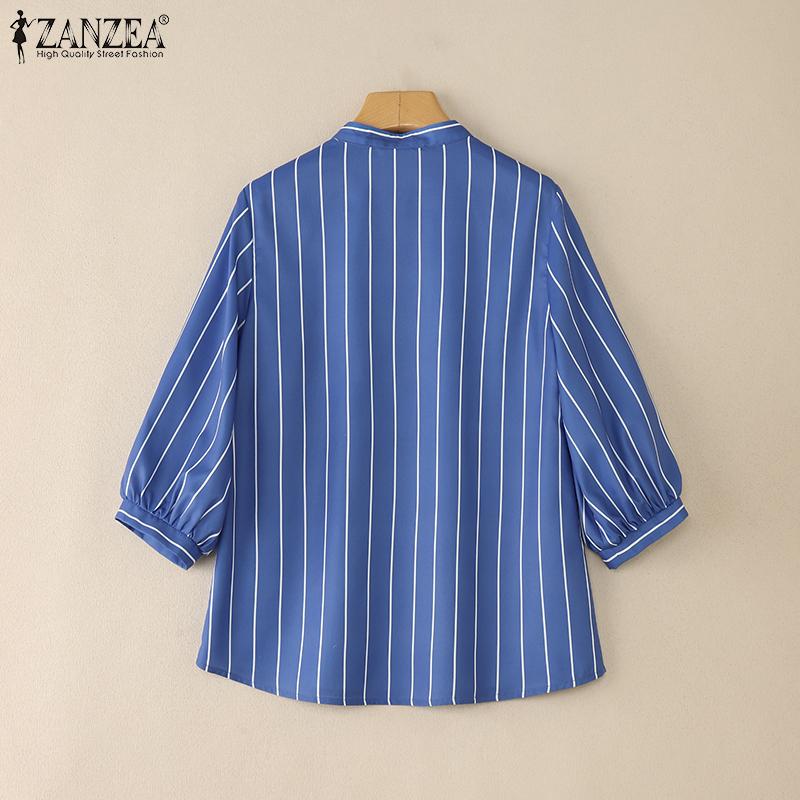 ZANZEA Women Casual Stand Collar Loose 3/4 Sleeve Stripe Blouse