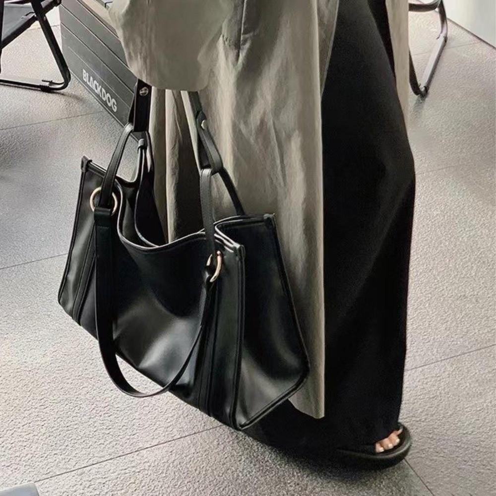 Large Capacity PU Leather Shoulder Bag College Student Large Handbag Black Tote Bag  Girls Gift