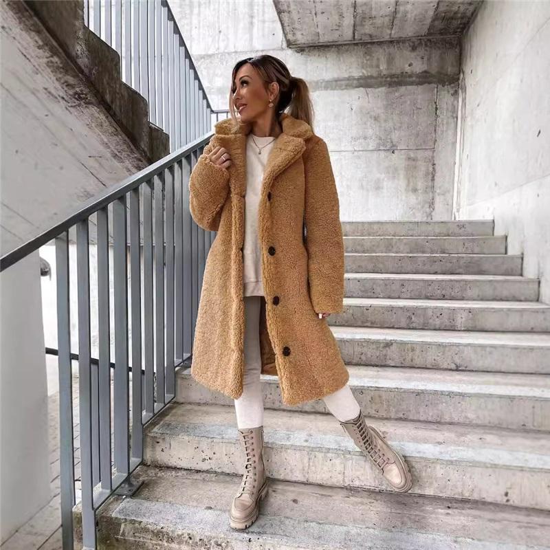 

Autumn And Winter Ladies Plush Long-sleeved Lapel Plush Blouse Solid Color Warm Thickened Plus Velvet Long Coat XXXL хакі