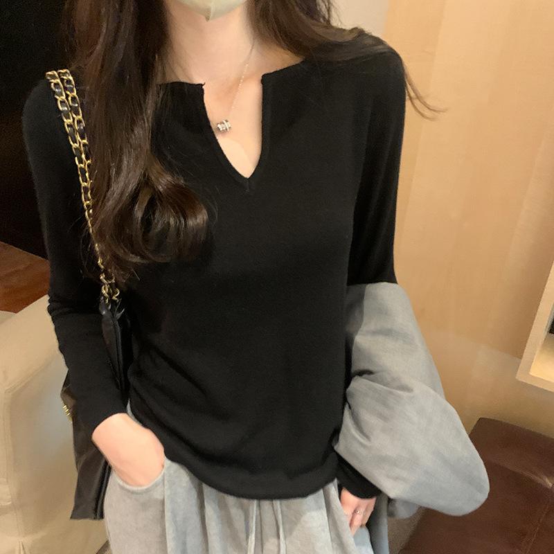 Lazy Style V-neck Pullover Long-sleeved Sweater for Women Autumn and Winter New Slim Fit Inner T-shirt Bottoming Shirt Trendy