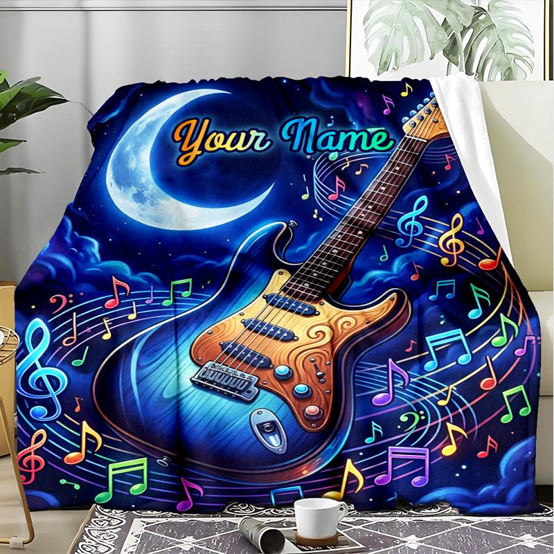 1PC Custom Name "Night Sky Guitar Melody" flannel blanket versatile,all-season throw suitable for the living room,bedroom,camping,travel,and gift