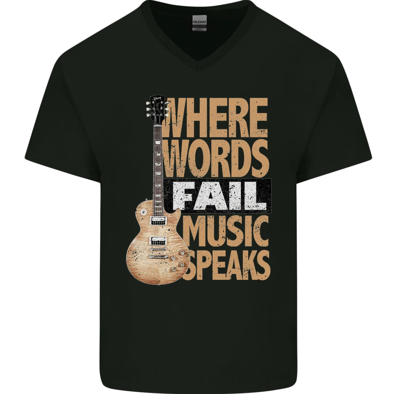 Guitar Words Fail Music Speaks Guitarist Mens V Neck Cotton Maglietta S