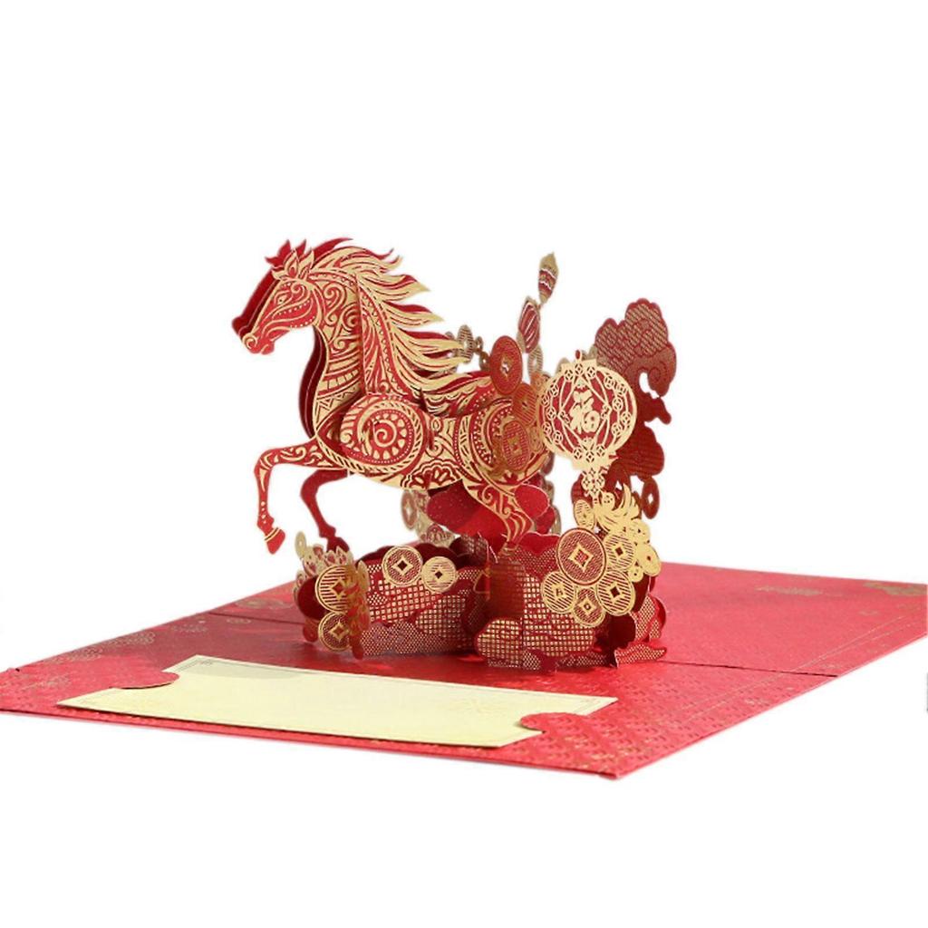 3D Pop-Up Chinesisches Neujahr Pferd Grußkarte, Luxuriöse Rote Goldfolienprägung Frühlingsfest Karte mit Umschlag Geschenk Dekoration