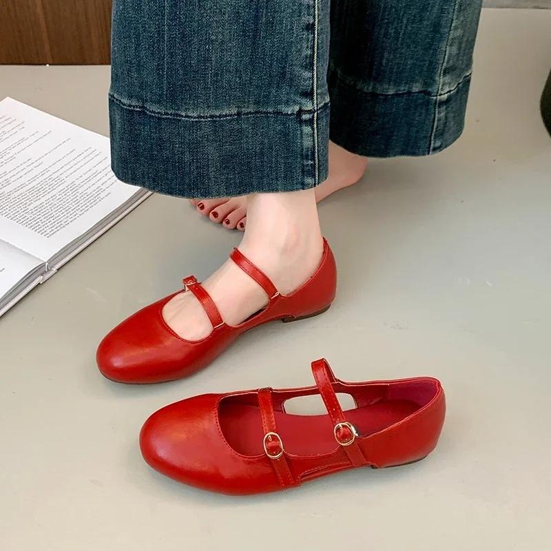 Fashion One Buckle Mary Jane Flat Single Shoes Women's Round Toe Shallow Mouth Metal Buckle Cutout Breathable Low Heel Shoes