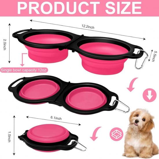 Collapsible Dog Bowls, Portable Travel Pet Feeder Bowl, 2 in 1 Expandable Silicone Pet Food & Water Double Bowl, Cat Feeder Dish with Carabiner for