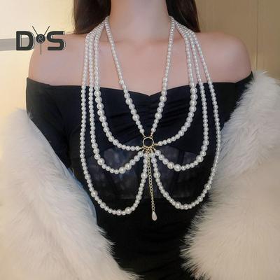 Waist Chain Multi-layered Faux Pearl Adjustable Beaded Tassel Hollow Out Nightclub Party Performance Necklace Body Jewelry