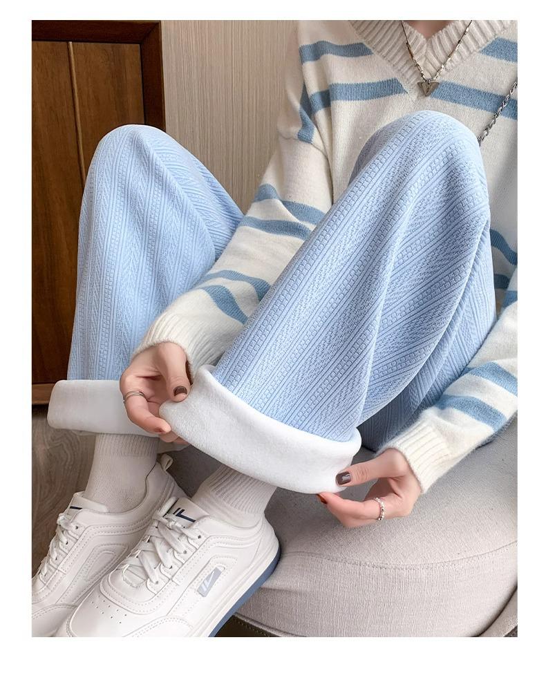 Petite Chenille Wide-Leg Fleece-Lined High-Waist Knitted Pants for Women - Autumn/Winter Wheat Ear Pattern