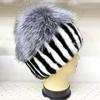 Warm Rabbit Fur Hat Women Striped Natural Fox Fur Beanies Female Winter Thick Knitted Outdoor Striped Caps
