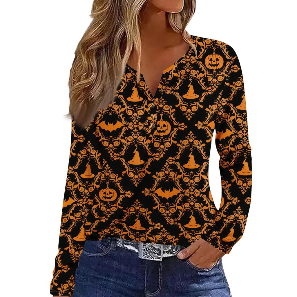 Women's Casual Long Sleeve T-Shirt with Halloween Print V-Neck Button for Parties