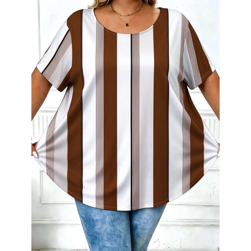 Creative Stripe Geometry 3D Printed Plus Size Short Sleeved T-shirt Fashionable Comfortable Soft Breathable Large Loose Women's Round Neck T-shirt