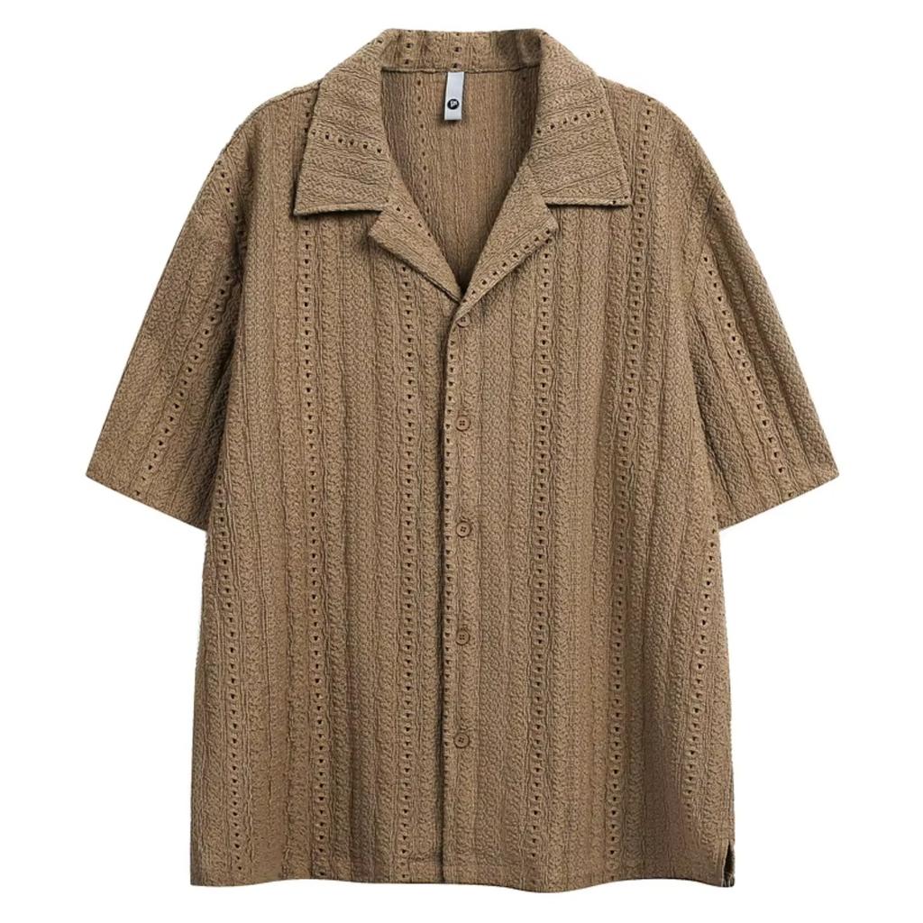 STREETRICH Men's Cuban Collar Shirt Short Sleeve Premium Breathable Eyelet Shirt Retro Resortwear Vacation Tops Oversized Tiki for Summer