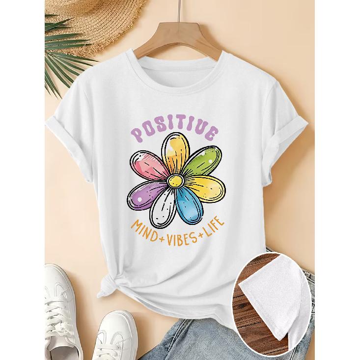 Women's Elegant Short-Sleeve Gift with Rainbow Daisy Positive Energy Quote Print Pattern and Vintage Round Neck T Fresh and Natural Style