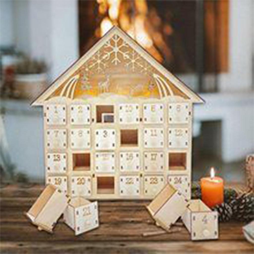 Christmas LED Light Countdown Calendar Cabinet Nativity Scene House Advent 24 Days Wooden Christmas Decor Ornament Crafts
