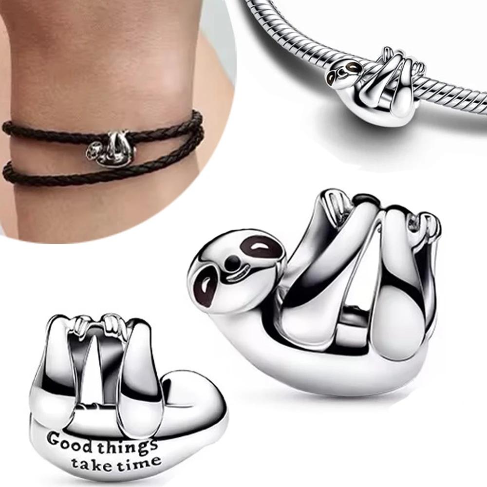 Copper Cute Animal Hanging Sloth Charm Fit Original Bracelet Charm Women'S Black Enamel Craft Jewelry Gift