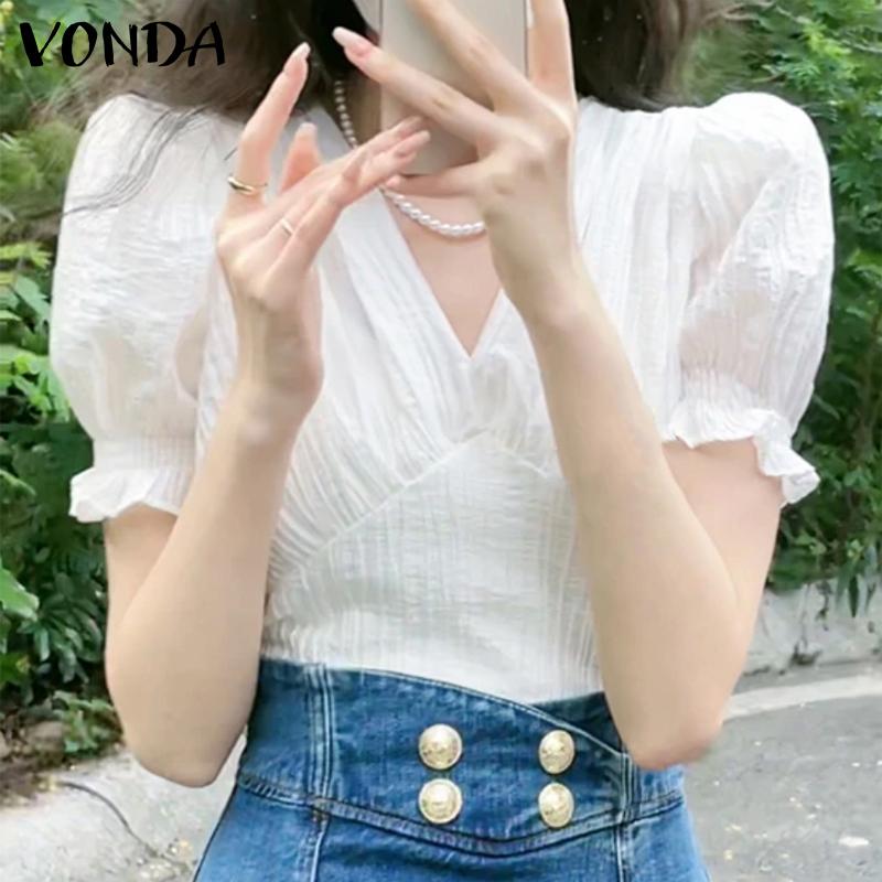 

VONDA Puff с короткими рукавами и V-образным вырезом женские летние элегантные повседневные топы