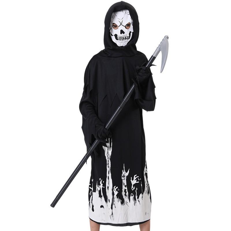Halloween Grim Reaper Costume Set With Glow-in-the-Dark Hooded Robe Scythe Prop Cosplay Roleplay