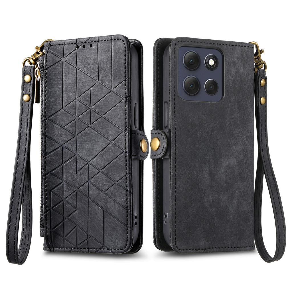 For Motorola Moto G86 Power 5G Case Zipper Wallet Geometry Lines Leather Phone Cover with Strap