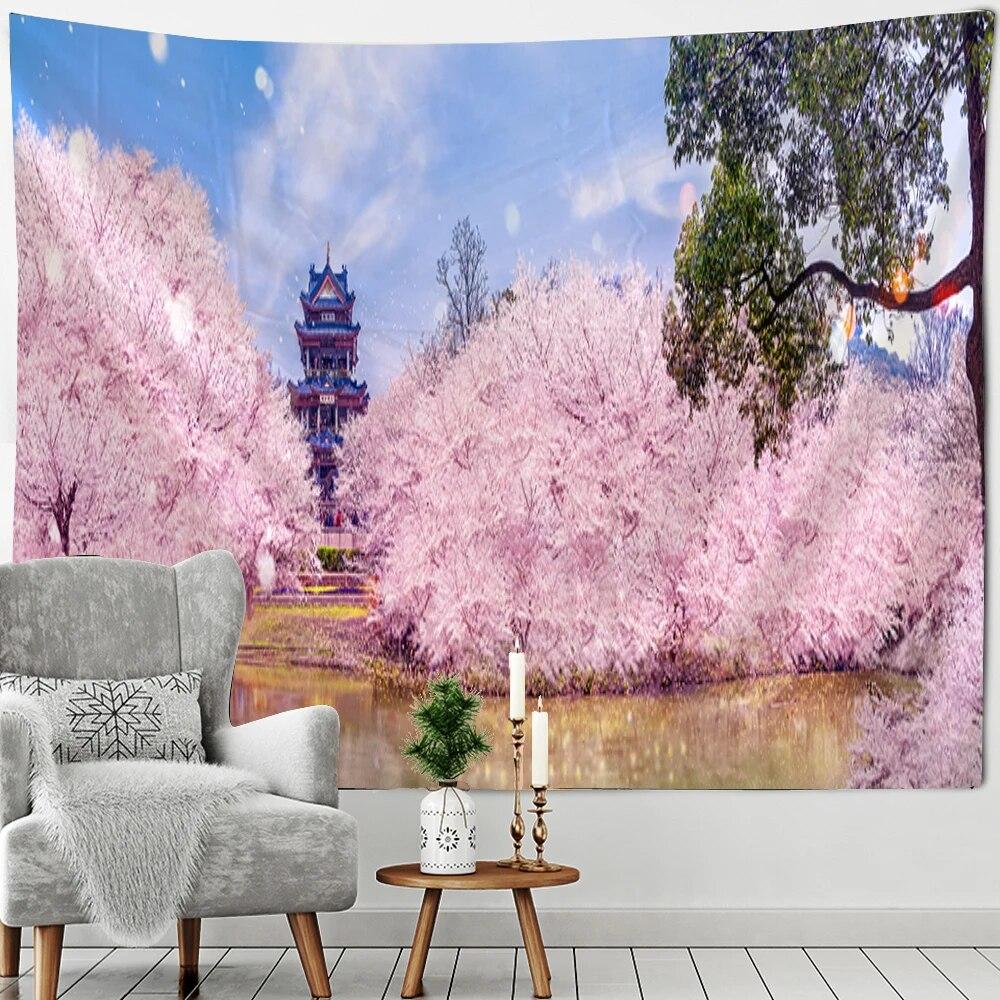 Beautiful Mount Fuji Sakura Pagoda Landscape Wall Hanging Tapestry Decorative Art Suitable for Living Room Room Home Decor