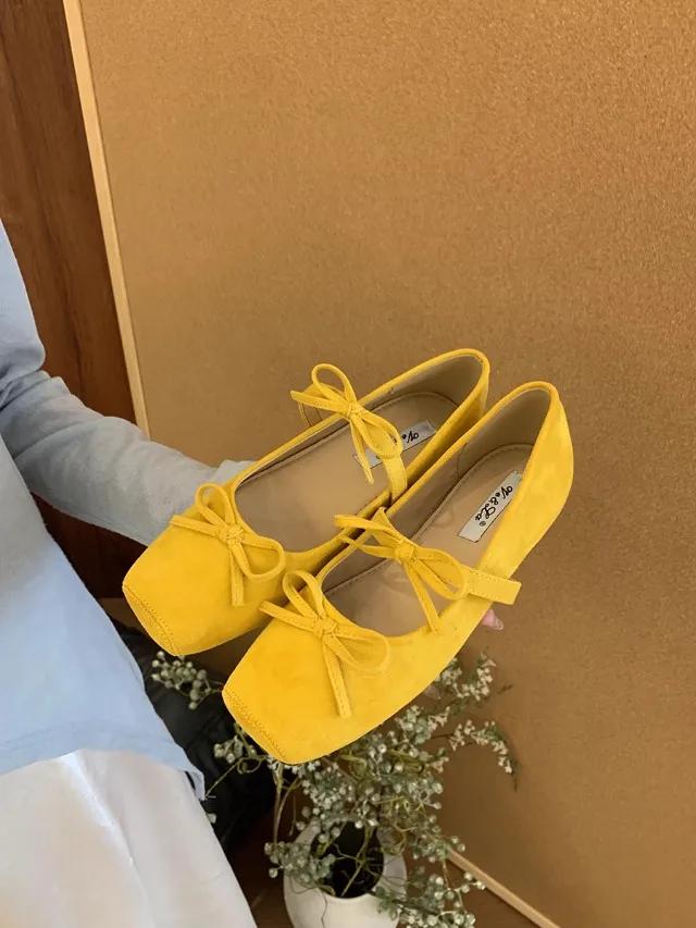 

Fashion Women s Mary Jane Shoes Square Toe Bow Flannel Shallow Mouth Shoes Women Dress Increase Internal Height 2025 Zapatillas De Mujer 40 жёлтый