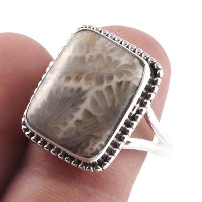 Natural Fossil Coral Gemstone Handmade 925 Sterling Silver Jewelry Ring S.9 D2V81
