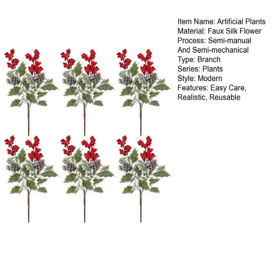 6Pcs Artificial Plants with Holly Berries Pine Cones Faux Greenery Branch Fake Red Berries Green Plants Stems Christmas Holiday Party Decoration