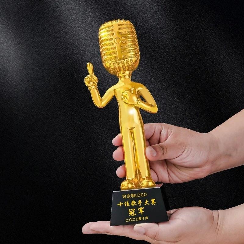 Customized Microphone Five-pointed Star Resin Trophy, Crystal Base Excellent Host Singing Talent Activity Competition Award, 1Pc
