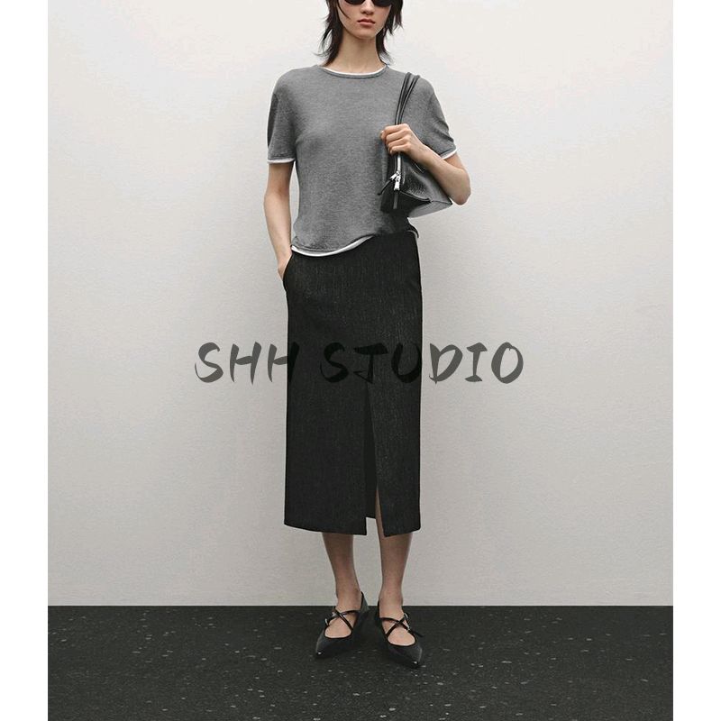 MD Spring/Summer New Arrival Women's Clothing Basic Style Casual Style Fake Two-Piece round Neck Short Sleeve Knitting T-shirt Tops 5635623