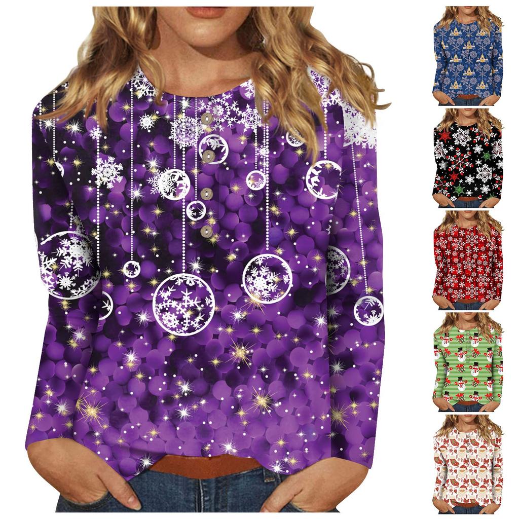 Women's Casual Christmas Printing Button Neck Long Sleeved Pullover Top Blouse