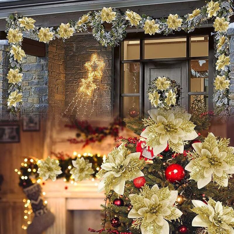 5/10/20Pcs Christmas Flower Ornaments,pink,red,gold,glitter Artifical Flowers for Christmas Tree,xmas Decoration for Home