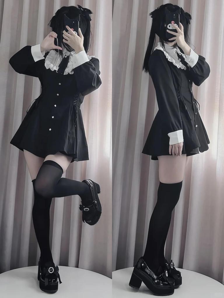 ZYOOFOV Long Mini Loose Girly Korean Mori Princess School Autumn Women's Ruffled, Bowknot, Button-Down Dress, Sleeves, Lightweight, Breathable, Dress,