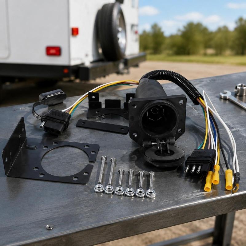 7 Way Trailer Socket Adapter with 4 Flat End and Mounting Bracket, Assembled Wiring Assembly with Flip Cover for Trailer Towing Light Use