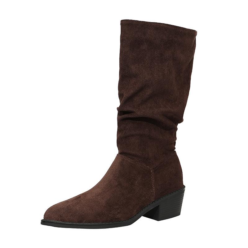 Inner Heightening Knight Boots Women's 2025 Thick Heel Autumn and Winter Western Boots Tall Retro Thin Pleated Piled Boots Long Boots