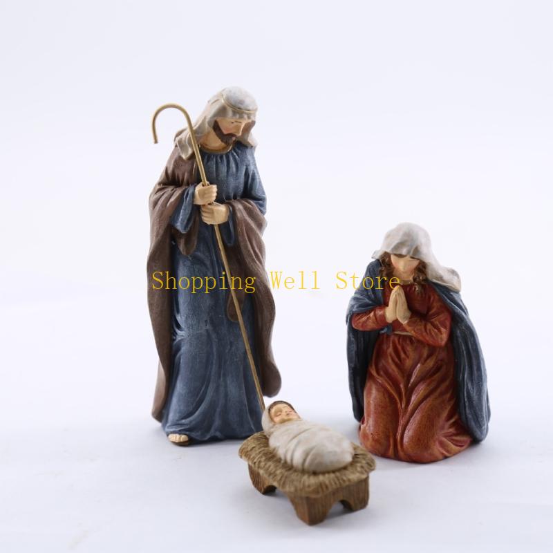 

KX4B Traditional Christmas Nativity Scene Resins Sculptures Family Decoration Set CN