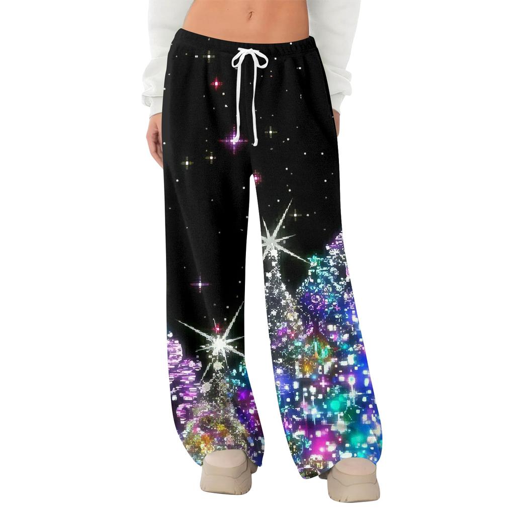 Women's Fleece Wide Leg Elastic Waist Drawstring Loose Pants Drawstring Pajama Pants Sleepwear Trousers