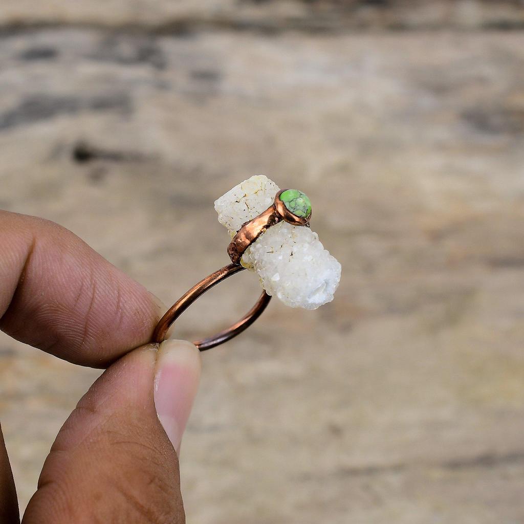 Regenbogen Mondstein Druzy Ring Elektrogeformter Kupferring Grün Türkis Edelstein Ring Verstellbarer Ring Handgemachter Elektrogeformter Schmuck Als Geschenk