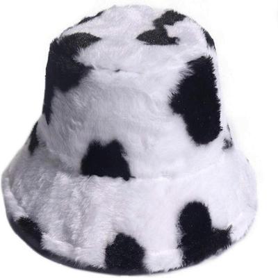 Milk Cow Print Faux Fur Bucket Hat - Fluffy Winter Fisherman Cap