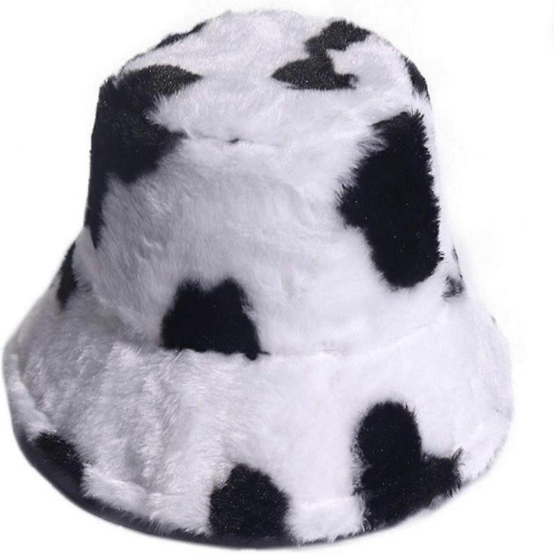 Milk Cow Print Faux Fur Bucket Hat - Fluffy Winter Fisherman Cap