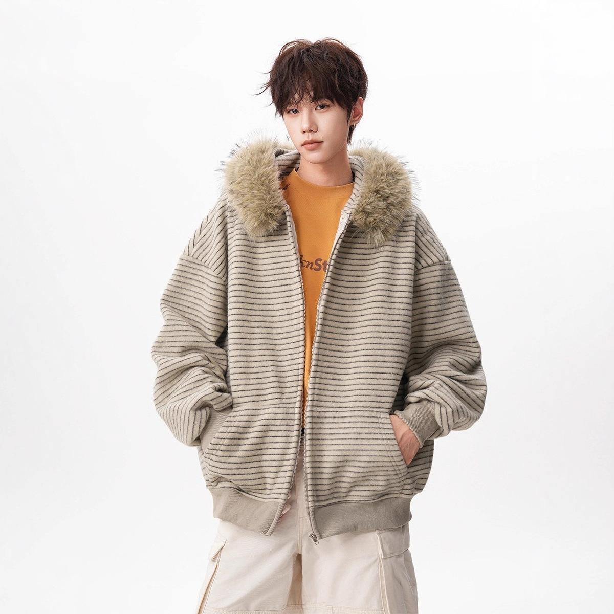 Unisex American Retro Striped Hoodie with Fur Collar - Autumn/Winter Casual Loose Cardigan L бежевый