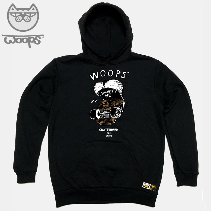 Doldol Woops_Hoody_02 Skateboard Cat Oops Character Hoodie Black/S