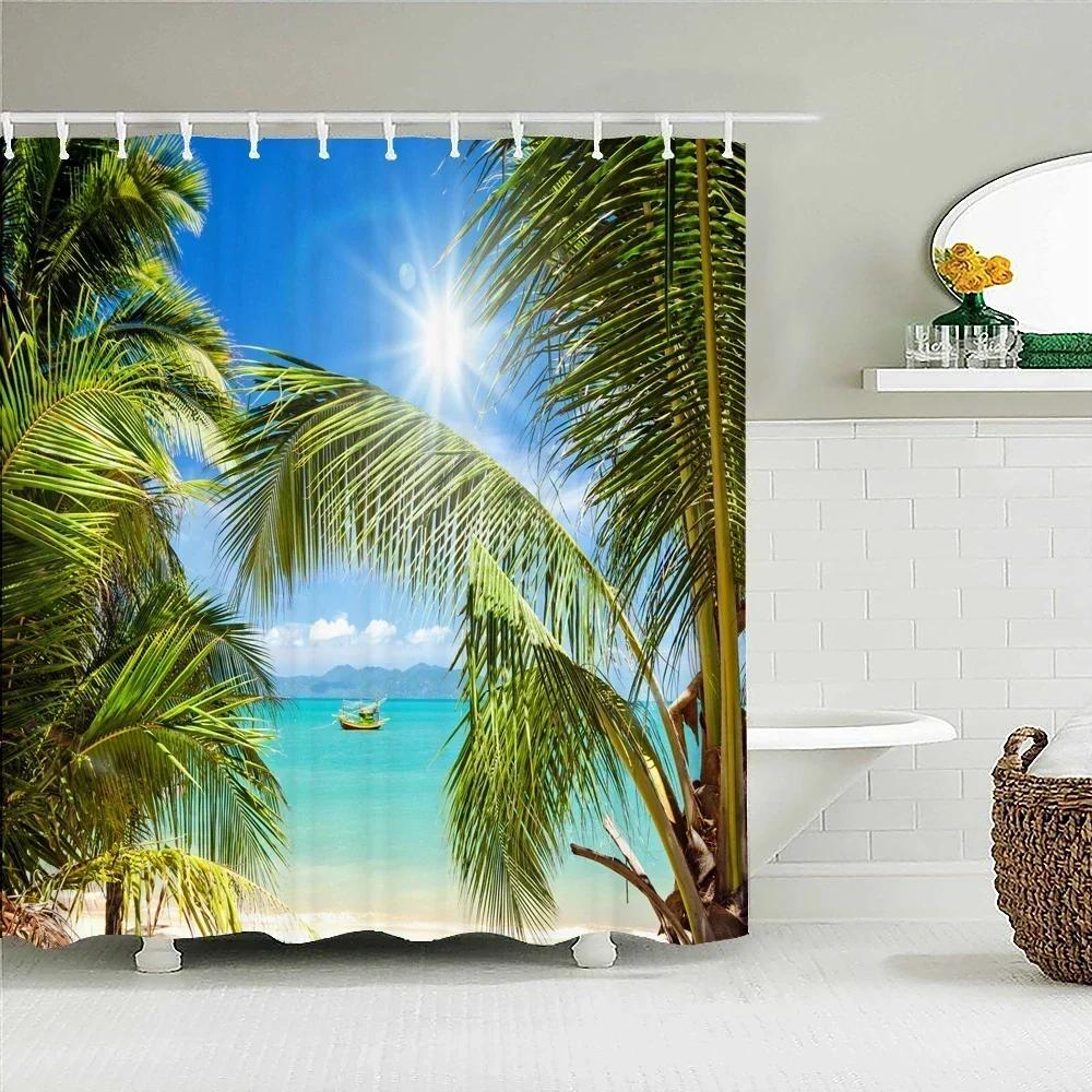Seaside Scenery 3d Printed Polyester Shower Curtain Wooden Bridge Nature Fabric Waterproof Bathroom Curtain for Bathtub 180x180