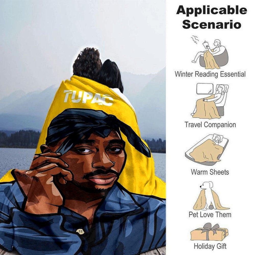 1pc 2PacHip Hop Blanket Soft Lightweight All Season Multi Purpose Throw for Sofa, Bed, Office & Picnics, French Style with Iconic Album Art & Quotes
